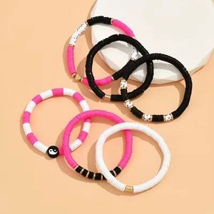 6 Pcs Colorful Soft Pottery Beaded Bracelet Set Stackable Bracelet Pink Black